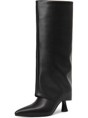 Women's Wide Black Comfortable Low Kitten Heel Pointed Toe Knee High Boots